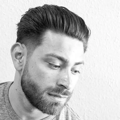 Thick Brush Back + Taper Fade + Short Beard