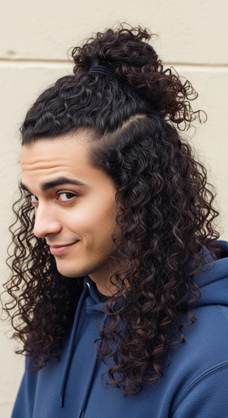 Half-Up Half-Down Curly Man Bun
