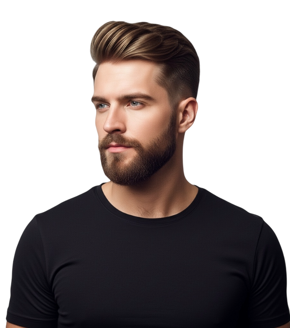 Stylish-man-with-modern-haircut-and-beard-posing-against-light-gray-background