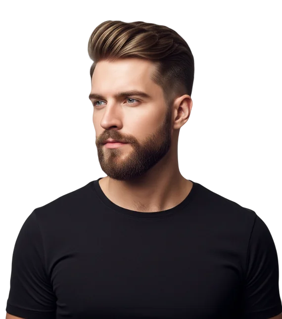 Stylish-man-with-modern-haircut-and-beard-posing-against-light-gray-background